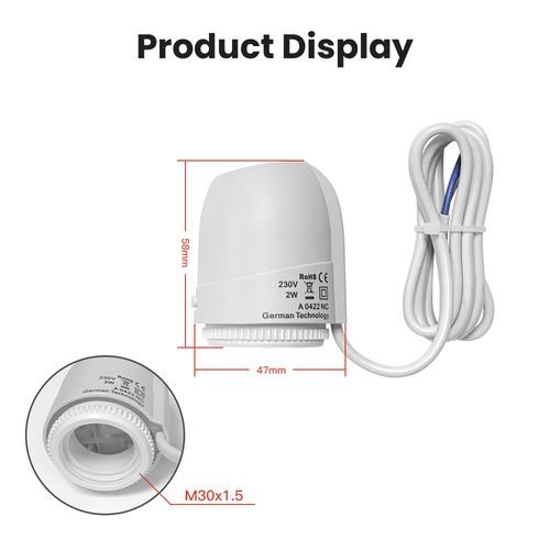 Electric Thermal Actuator Radiator, 230Vac, 2W, NC normally closed, M30x1.5 TRV05-WIR 6976037361206