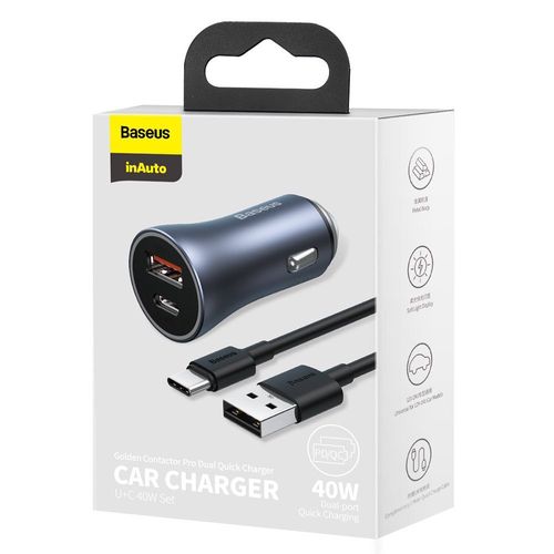 Car Quick Charger 40W 12-24V USB + USB-C QC4.0 SCP FCP AFC with USB-C 1m Cable , Dark Gray TZCCJD-0G 6953156201958