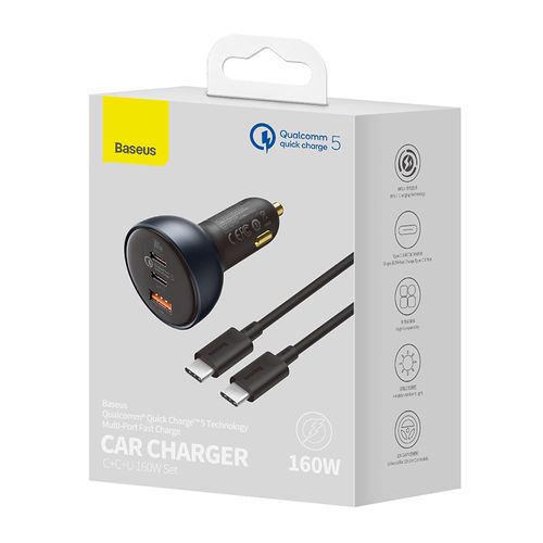 Car Quick Charger 12-24V 160W USB + 2xUSB-C QC5 PD3.0 with USB-C Cable 1m TZCCZM-0G 6953156206731