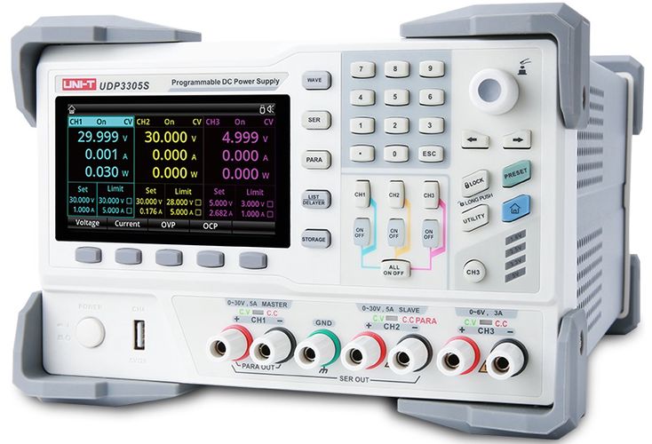Programmable DC Power Supply, 4 channels, 328W, CH1/CH2:0~30V/5A CH3:0~6V/3A, CH4:5V, 2A, 10mV, 1mA RS232, RS485, USB, LAN, UNI-T UDP3305S-E 6935750533451