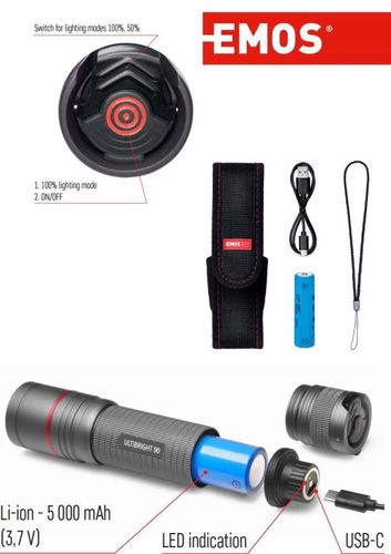 LED RECH. FLASHLIGHT ULTIBRIGHT 90 1200lm rechargable 5000mAh, EMOS P3190 8592920089798