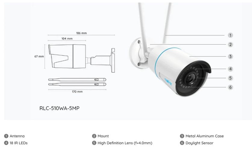 Wireless Wi-Fi camera W320, BULLET, 5MP, IP67, 2.4GHz + 5GHz, H264, MicroSD up to 256GB W320 6975253982196