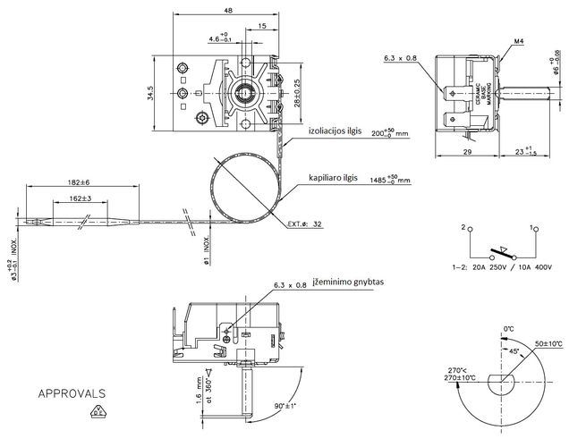 Thermostat 50-270°C, Capillary 1485mm, 3x182mm, 2 contacts, 20A 250V EIKA W4-41302/EK