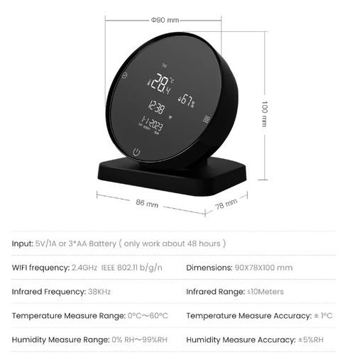 Smart temperature and humidity station with IR remote control for AC, Wi-Fi TUYA WHS20S 6976037361954