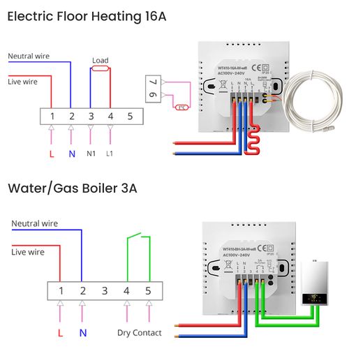 Smart thermostat for electric heating and boiler, 3A, Wi-Fi, black, TUYA / Smart Life WT410-16A-B