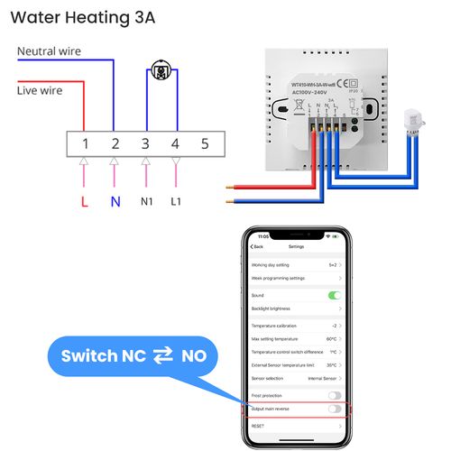 Smart thermostat for water heating floor valves control, 3A, Wi-Fi, white, TUYA / Smart Life WT410-WH-3A-W