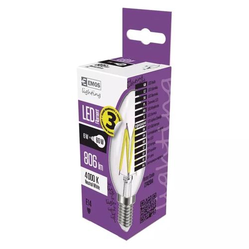 LED bulb E14 230V 6W 806lm, Filament Candle, neutral white, 4000K, EMOS Z74204 8592920088982