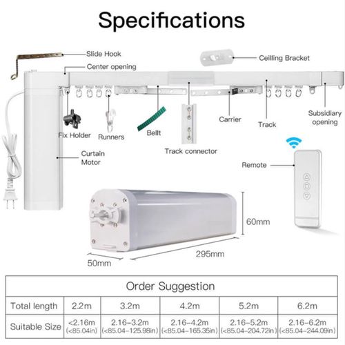 Smart curtain track set with electric motor, up to 4.2m with remote, ZigBee TUYA ZC-PJ420-EU-EN