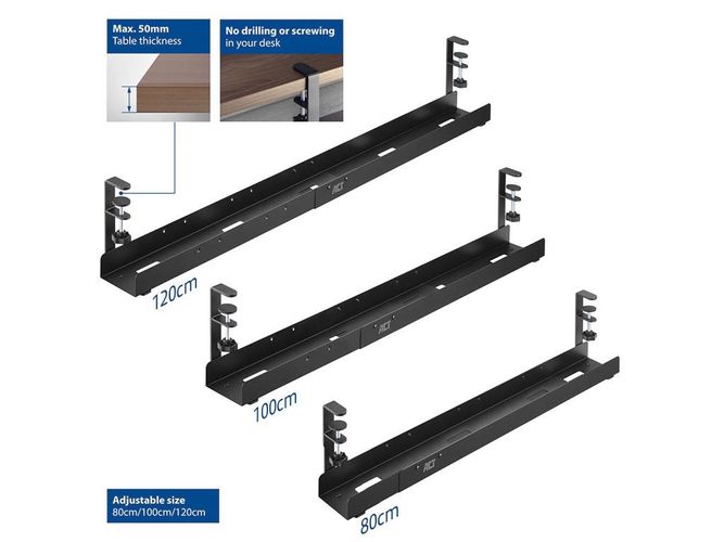 Under desk extendable cable management tray with clamp mount ACTAC8376 8716065539325; 8716065539325