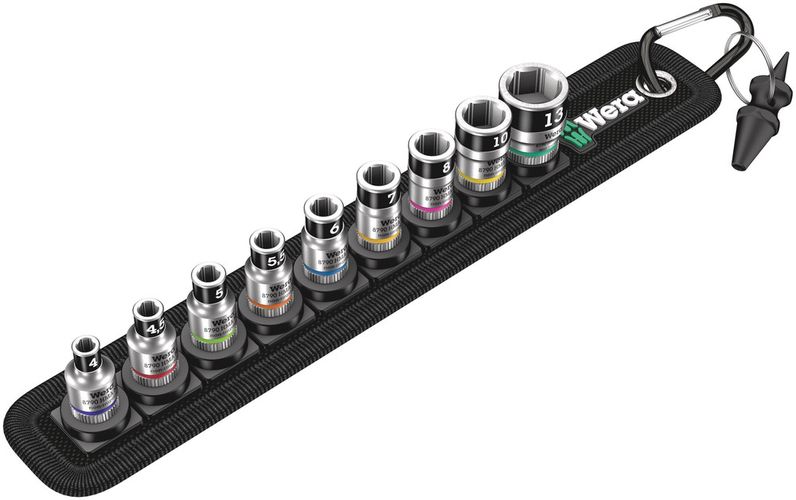 Belt A 1 Zyklop socket set with holding function, 1/4" drive, 1 x 4.0x23.0; 1 x 4.5x23.0; 1 x 5.0x23.0; 1 x 5.5x23.0; 1 x 6.0x23.0; 1 x 7.0x23.0; 1 x 8.0x23.0; 1 x 10.0x23.0; 1 x 13.0x23.0; 1 x 14.0x43.0; 1 x 39.0x238.0; 1 x 200.0x30.0, Wera 05003880001