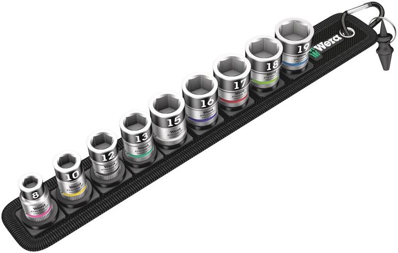 Belt B 1 Zyklop socket set with holding function, 3/8" drive, 1 x 8.0x29.0; 1 x 10.0x29.0; 1 x 12.0x29.0; 1 x 13.0x29.0; 1 x 15.0x29.0; 1 x 16.0x29.0; 1 x 17.0x29.0; 1 x 18.0x29.0; 1 x 19.0x29.0; 1 x 14.0x43.0; 1 x 45.0x310.0; 1 x 200.0x30.0, Wera 05003970001