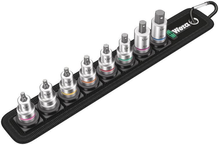 Belt B Imperial 1 Zyklop In-Hex-Plus bit socket set with holding function, 3/8" drive, 1 x 1/8"x35.0; 1 x 9/64"x35.0; 1 x 5/32"x35.0; 1 x 3/16"x35.0; 1 x 7/32"x35.0; 1 x 1/4"x35.0; 1 x 5/16"x38.5; 1 x 3/8"x38.5; 1 x 45.0x275.0; 1 x 200.0x30.0, Wera 05003974001