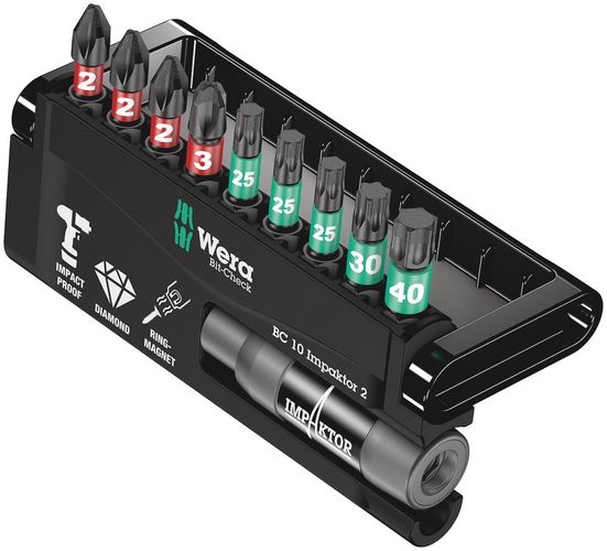 Bit-Check 10 Impaktor 2, 1 x 1/4"x75; 3 x PH 2x25; 1 x PH 3x25; 3 x TX 25x25; 1 x TX 30x25; 1 x TX 40x25, Wera 05057682001