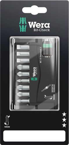 Bit-Check 10 Universal 3 SB, 1 x 1/4"x50; 1 x 0.8x5.5x25; 1 x 1.0x5.5x25; 1 x 1.2x6.5x25; 1 x PH 1x25; 1 x PH 2x25; 1 x PH 3x25; 1 x PZ 1x25; 1 x PZ 2x25; 1 x PZ 3x25, Wera 05073410001