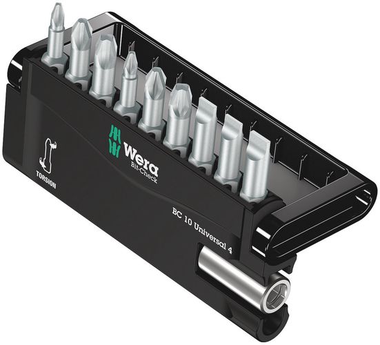 Bit-Check 10 Universal 4, 1 x 1/4"x50; 1 x PH 1x25; 1 x PH 2x25; 1 x PH 3x25; 1 x PZ 1x25; 1 x PZ 2x25; 1 x PZ 3x25; 1 x 0.8x5.5x25; 1 x 1.0x5.5x25; 1 x 1.2x6.5x25, Wera 05056159001