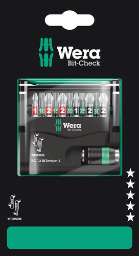 Bit-Check 12 BiTorsion 1 SB, 1 x 1/4"x50; 1 x PH 1x25; 2 x PH 2x25; 1 x PZ 1x25; 2 x PZ 2x25; 1 x TX 10x25; 1 x TX 15x25; 1 x TX 25x25; 1 x TX 30x25; 1 x TX 20x25, Wera 05136385001
