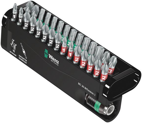 Bit-Check 30 BiTorsion 1, 1 x 1/4"x50; 2 x PH 1x25; 5 x PH 2x25; 2 x PH 3x25; 2 x PZ 1x25; 6 x PZ 2x25; 2 x PZ 3x25; 1 x TX 10x25; 2 x TX 15x25; 2 x TX 20x25; 2 x TX 25x25; 2 x TX 30x25; 1 x TX 40x25, Wera 05057430001