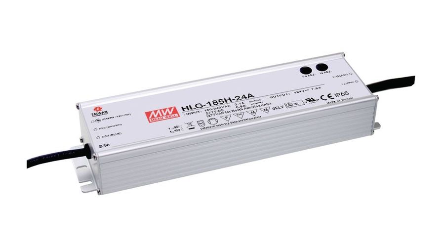 High efficiency LED power supply 24V 7.8A, PFC, IP67, MEAN WELL HLG-185H-24