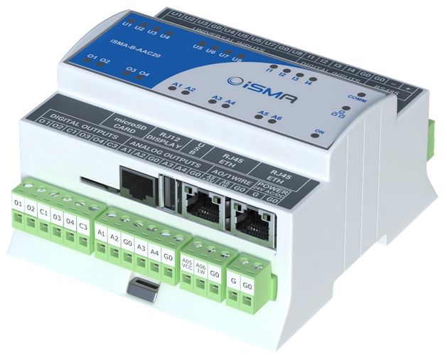 Freely programmable Sedona controller iSMA-B-AAC20, 8UI, 4DI, 4DO, 4/6 AO, 1x1wire,1xRS485, 1xUSB, 2x IP without display iSMA-B-AAC20