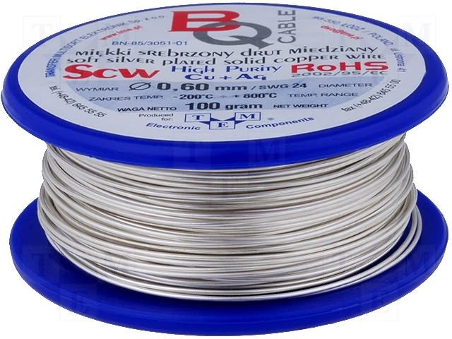 Silver plated copper wires; 0.6mm; 100g; Cu,silver plated; 40m BQ CABLE SCW-0.60/100