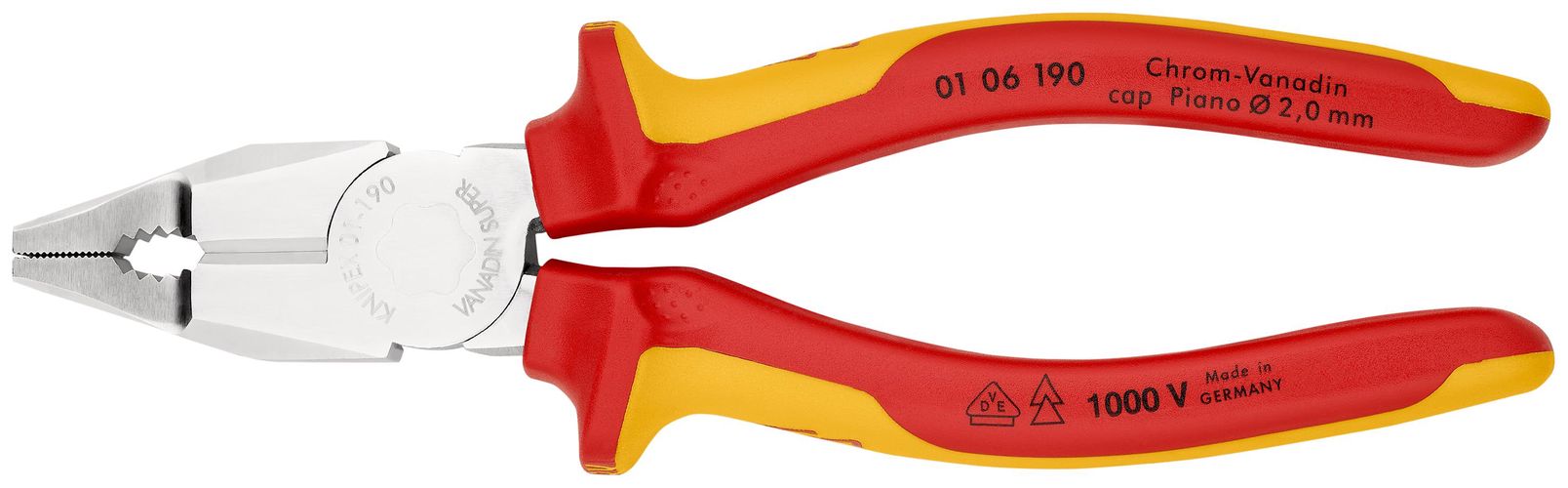 KNIPEX 01 06 190 Combination Pliers Chrome Vanadium insulated with multi-component grips, VDE-tested chrome-plated 190 mm 01 06 190 4003773040415