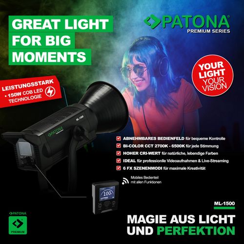 PATONA Premium LED professional photo light video light LED 150W COB ML-1500 incl. carry bag, PATONA 4217 4055655253222