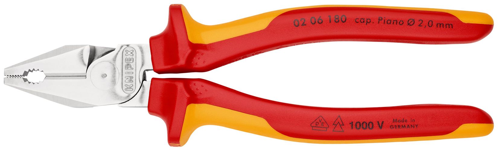 KNIPEX 02 06 180 High Leverage Combination Pliers insulated with multi-component grips, VDE-tested chrome-plated 180 mm 02 06 180 4003773010012