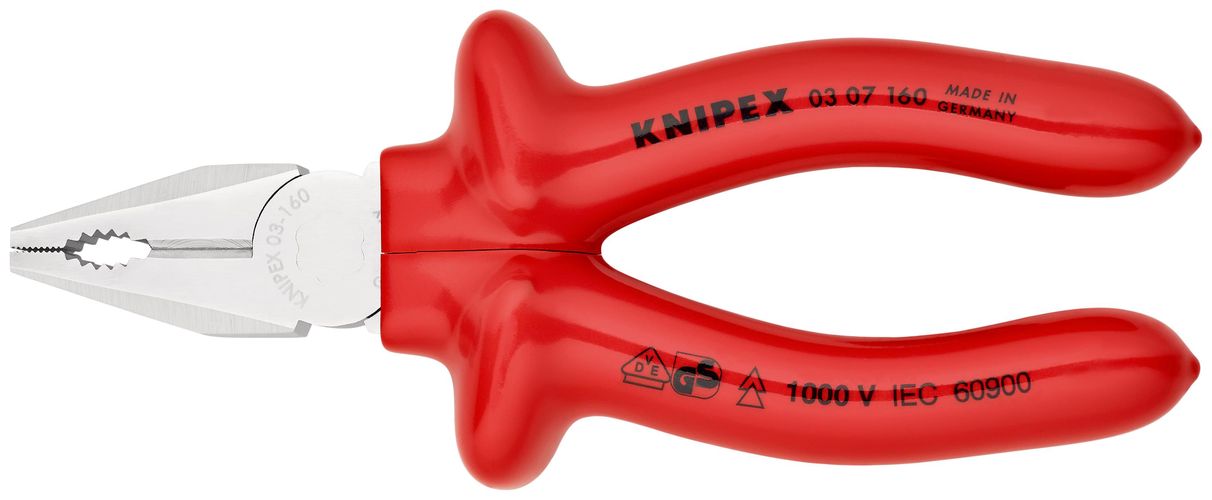 KNIPEX 03 07 160 Combination Pliers with dipped insulation, VDE-tested chrome-plated 160 mm 03 07 160 4003773015307