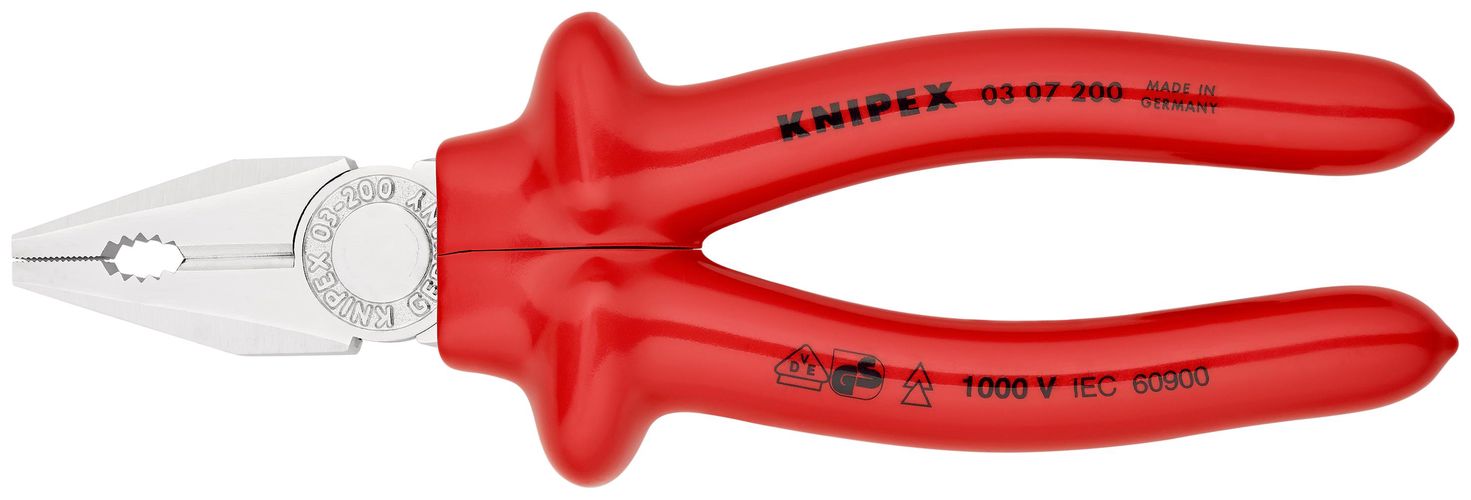 KNIPEX 03 07 200 Combination Pliers with dipped insulation, VDE-tested chrome-plated 200 mm 03 07 200 4003773015321