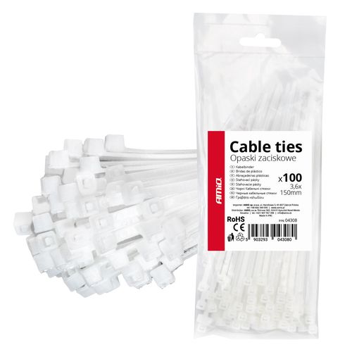 White cable ties 3.6×150mm 100 pcs. AMIO-04308, AMiO 5903293043080