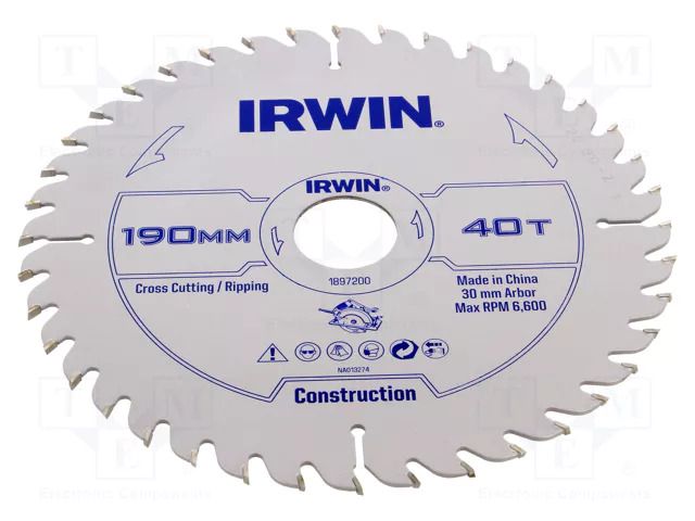 Circular saw; Ø: 190mm; Øhole: 30mm; Teeth: 40; wood IRWIN IRW-1897200