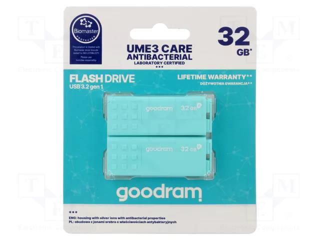 Pendrive; USB 3.2; 32GB; R: 60MB/s; W: 20MB/s; mint; USB A; 2pcs. GOODRAM UME3-0320CRR11-2P