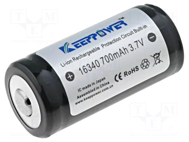 Re-battery: Li-Ion; 16340; 3.7V; 700mAh; Ø16x36mm; 3A KEEPPOWER ACCU-ICR16340