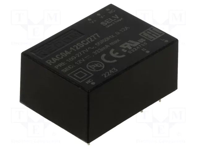 Converter: AC/DC; 4W; Uin: 80÷305VAC,113÷430VDC; Uout: 12VDC; 78% RECOM RAC04-12SC/277