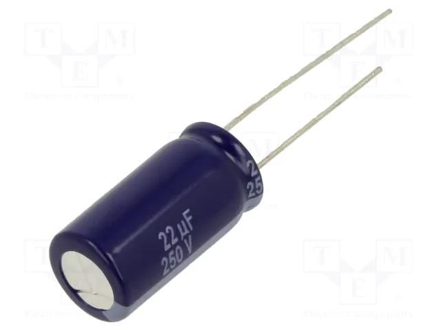 Capacitor: electrolytic; THT; 22uF; 250VDC; Ø10x20mm; Pitch: 5mm PANASONIC ECA2EM220