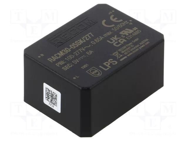 Converter: AC/DC; 30W; Uin: 85÷305VAC; 5VDC; Iout: 6000mA; 86%; PCB RECOM RACM30-05SK/277