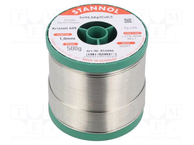 Tin; lead free; Sn96,5Ag3Cu0,5; 1mm; 500g; reel; 2.5%; Alloy: TSC305 STANNOL SN955K605/1.0/0.5