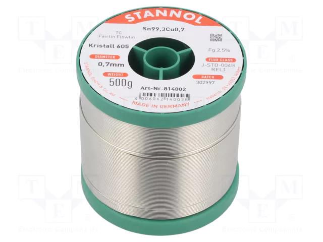 Tin; lead free; Sn99,3Cu0,7; 0.7mm; 500g; reel; 2.5%; Alloy: TC STANNOL S99C1K605/0.7/0.5