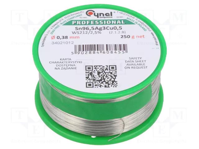 Tin; lead free; Sn96,5Ag3Cu0,5; 0.38mm; 250g; reel; 217÷220°C; 2.5% CYNEL SAC305-0.38/0.25WS