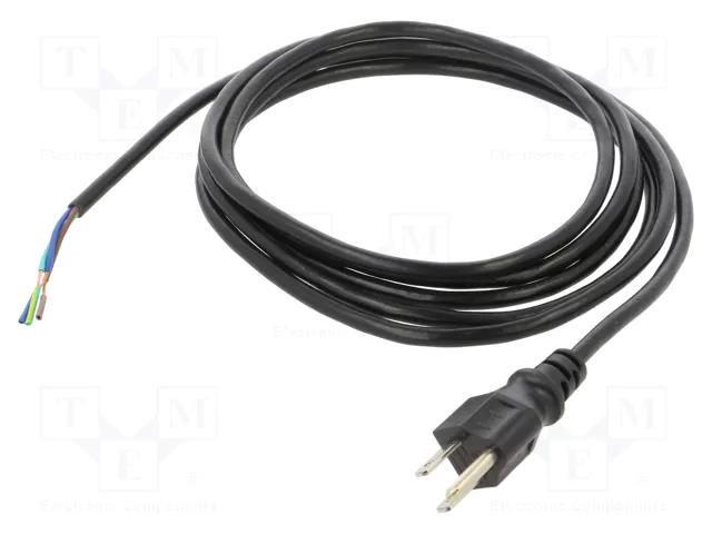 Cable; 3x18AWG; NEMA 5-15 (B) plug,wires; PVC; 3m; black; 10A; 125V Qualtek Electronics 311010-01