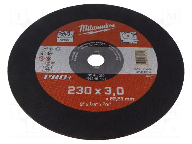 Cutting wheel; Ø: 230mm; Øhole: 22.2mm; Disc thick: 3mm; tool steel Milwaukee MW-4932451494