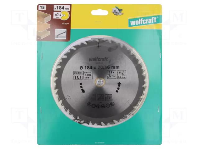 Circular saw; Ø: 184mm; Øhole: 16mm; W: 2.4mm; Teeth: 22 WOLFCRAFT WF6646000