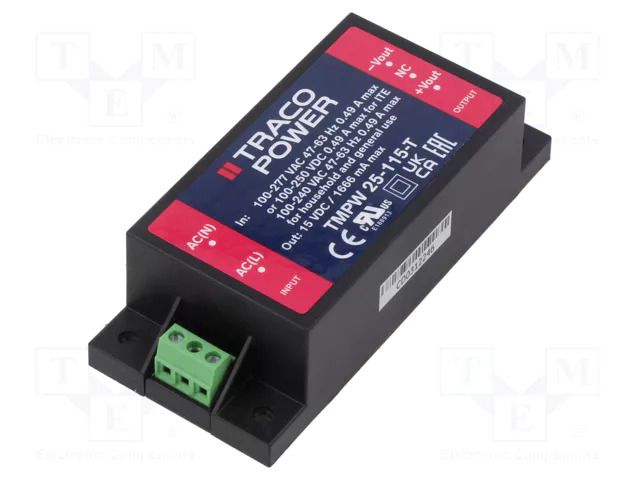 Power supply: switching; for building in; 25W; 15VDC; 1666mA; TMPW TRACO POWER TMPW25-115-T
