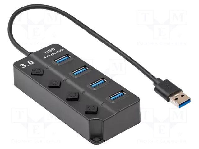 Hub USB; USB A socket x4,USB A plug; USB 3.0; with switch; black AKYGA AK-AD-33