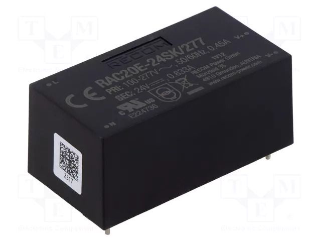 Converter: AC/DC; 20W; Uin: 85÷305VAC; 24VDC; Iout: 833mA; 84%; PCB RECOM RAC20E-24SK/277
