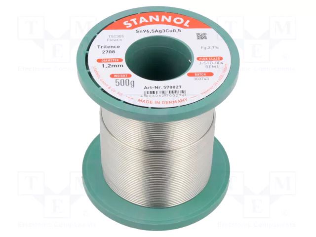 Tin; lead free; Sn96,5Ag3Cu0,5; 1.2mm; 500g; reel; 2.7%; Flux: SW26 STANNOL SN955T2708/1.2/0.5