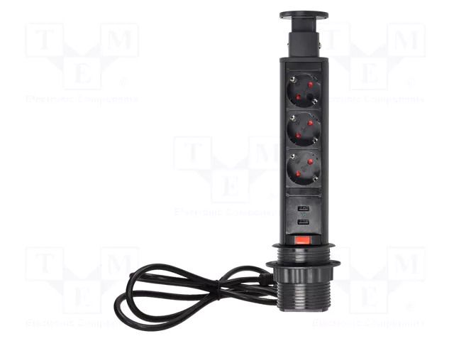 Plug socket strip: furniture; IP20; 3680W; black; Cutout: Ø63mm ORNO OR-AE-1349B-SCHUKO