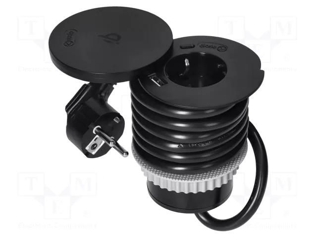 Plug socket strip: furniture; IP20; 3680W; black; Cutout: Ø62mm ORNO OR-GM-9028-SCHUKO