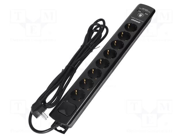 Plug socket strip: protective; Sockets: 8; 230VAC; 16A; black; 3m ORNO ORAE13244GS/B/3M
