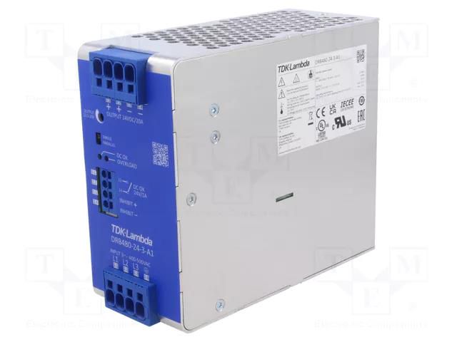 Power supply: switching; for DIN rail; 480W; 24VDC; 20A; -25÷70°C TDK-LAMBDA DRB480-24-3-A1